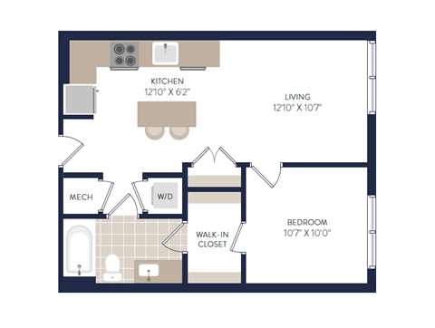 Floor plan for 1 bed, 1 bath, 546 sqft